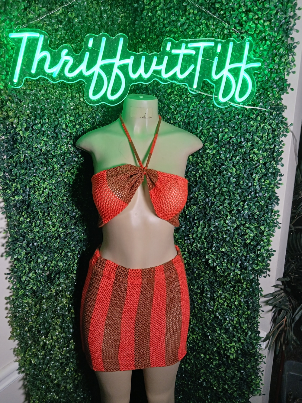 SHEIN Orange and Brown Knit Halter Crop Top & Mini Skirt Set
